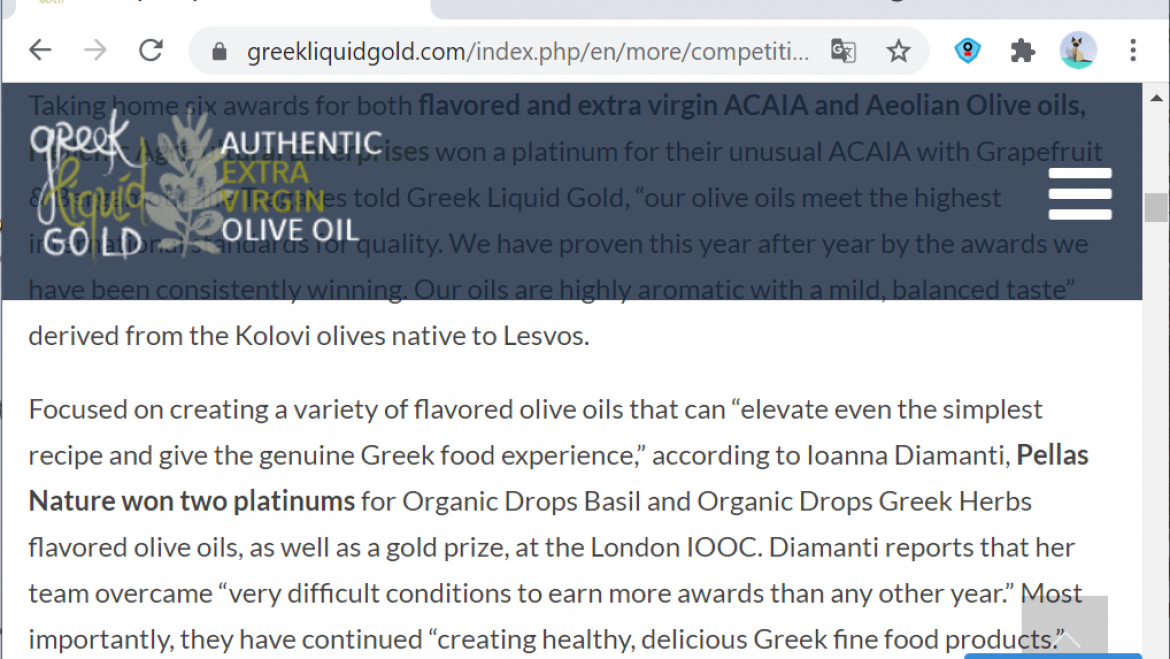 Greek Liquid Gold includes Pellas Nature: “Healthy, Tasty Greek Olive Oils that Win Big in London Contest